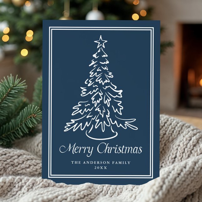 Classic Hand-Drawn Christmas Tree Navy Non-Photo Holiday Card (Creator Uploaded)