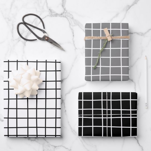 Classic Hand Drawn Grid Pattern White Grey Black  Wrapping Paper Sheet (Front)