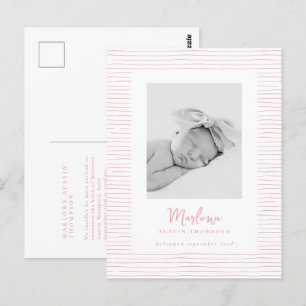 Classic Handdrawn Pink Striped Birth Announcement Postcard