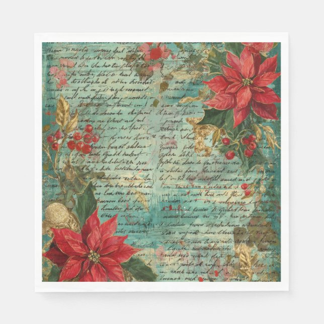 Classic Handwritten Poinsettia Christmas Holiday Napkin (Front)