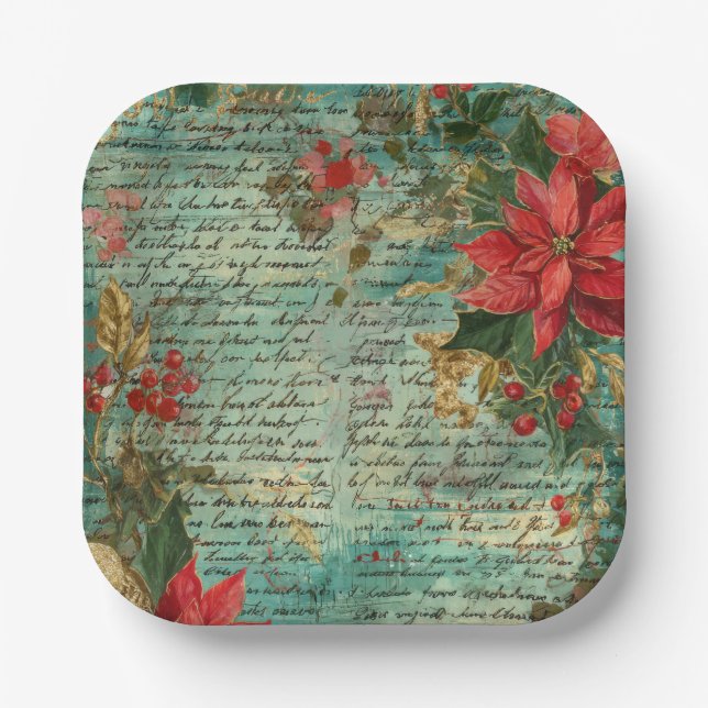 Classic Handwritten Poinsettia Christmas Holiday Paper Plate (Front)
