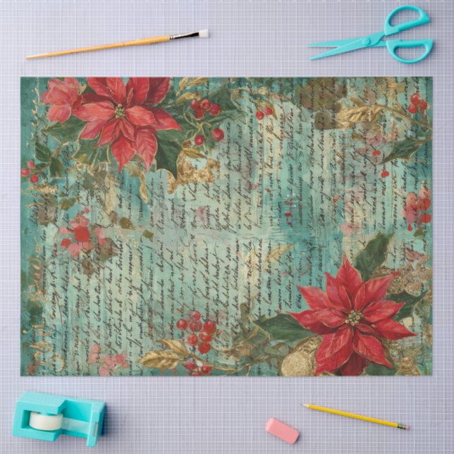 Classic Handwritten Poinsettia Christmas Holiday Tissue Paper (Craft)