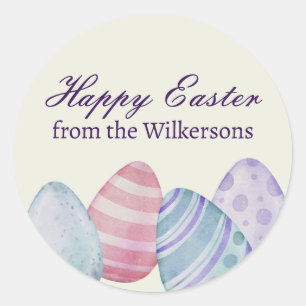 Classic Happy Easter Eggs on Yellow Round Sticker
