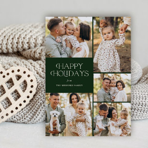 Classic Happy Holidays Five Photo Floral Back Holiday Card