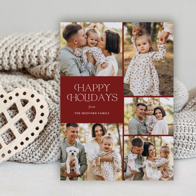 Classic Happy Holidays Five Photo Floral Back Holiday Card (Creator Uploaded)