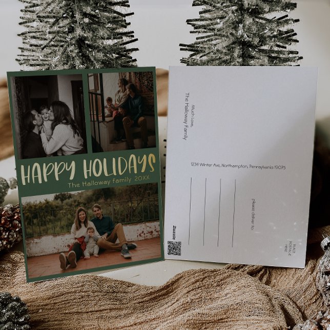 Classic Happy Holidays Green Three Photo Gold Foil Holiday Postcard (Creator Uploaded)