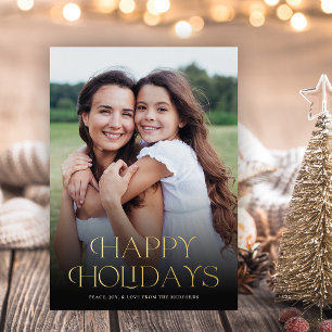 Classic Happy Holidays Text Floral Back   Photo Foil Holiday Card