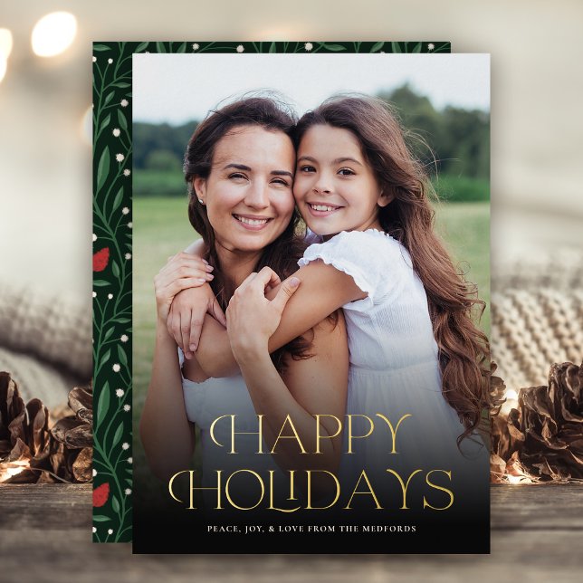 Classic Happy Holidays Text Floral Back | Photo Foil Holiday Card (Creator Uploaded)