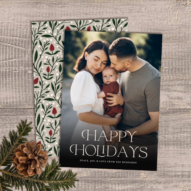 Classic Happy Holidays Text Floral Back | Photo Holiday Card (Creator Uploaded)