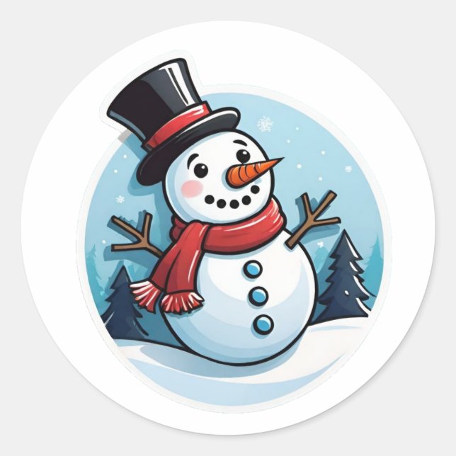 Classic Happy Snowman Round Sticker (Front)