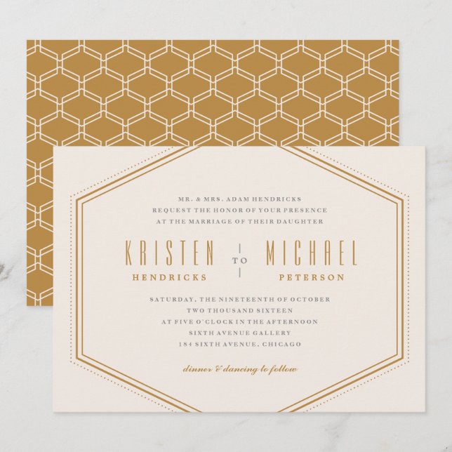 Classic Hexagon Wedding Invitation - Gold (Front/Back)