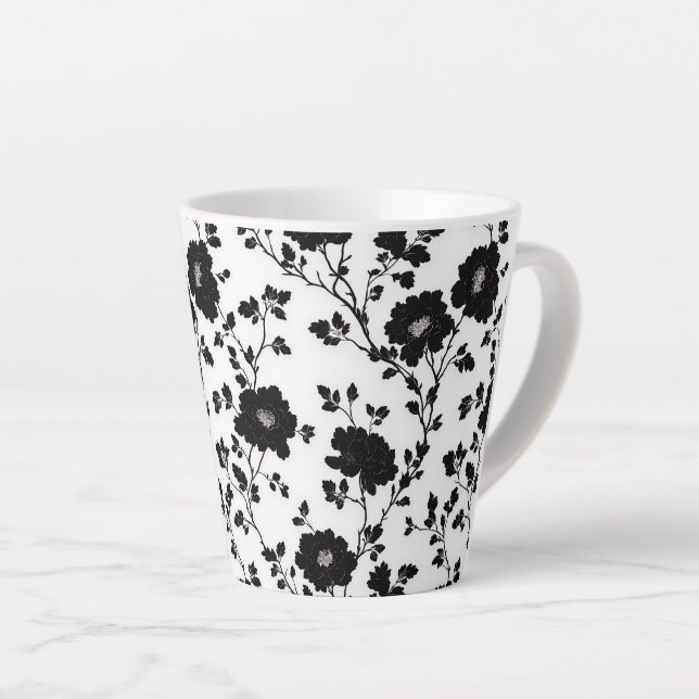 Classic High Contrast Black Floral Silhouette Latte Mug (Right Angle)