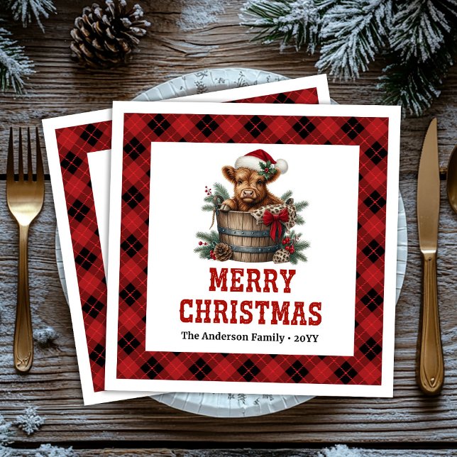 Classic highland cow Christmas napkins red black  (Classic highland cow Christmas napkins red black plaid joy

)
