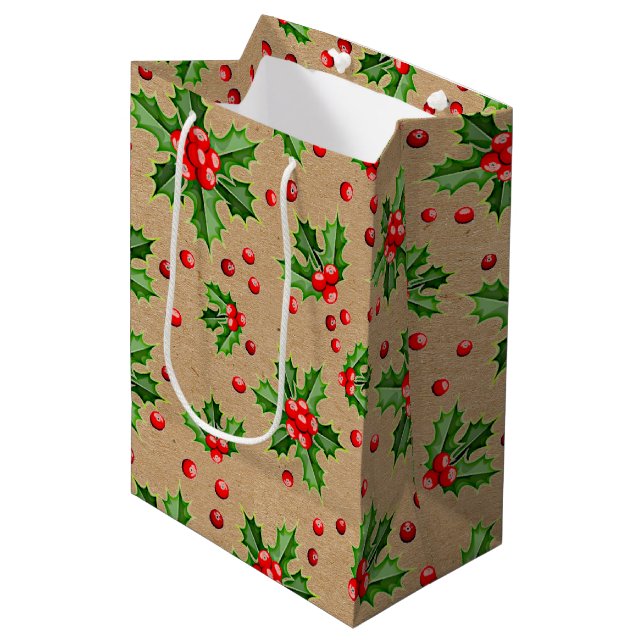 Classic Holiday Green Holly Red Berries Medium Gift Bag (Front Angled)