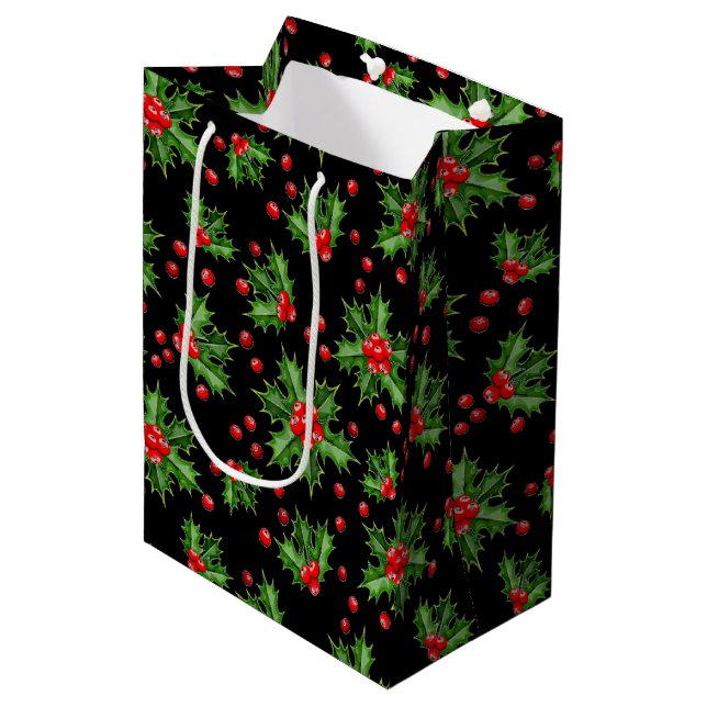 Classic Holiday Green Holly Red Berries Pattern Medium Gift Bag (Front Angled)