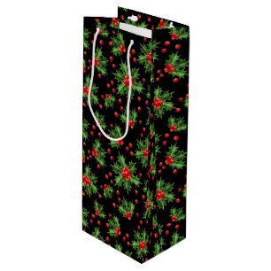 Classic Holiday Green Holly Red Berries Pattern Wine Gift Bag