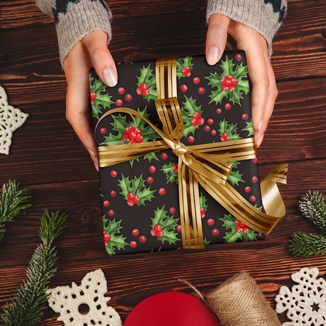 Classic Holiday Green Holly Red Berries Pattern Wrapping Paper (Creator Uploaded)