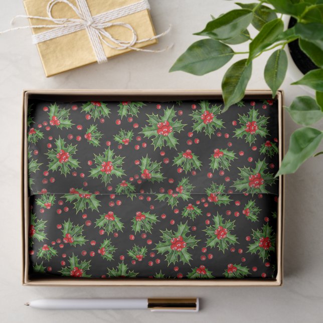 Classic Holiday Green Holly Red Berries Tissue Paper (Gift)