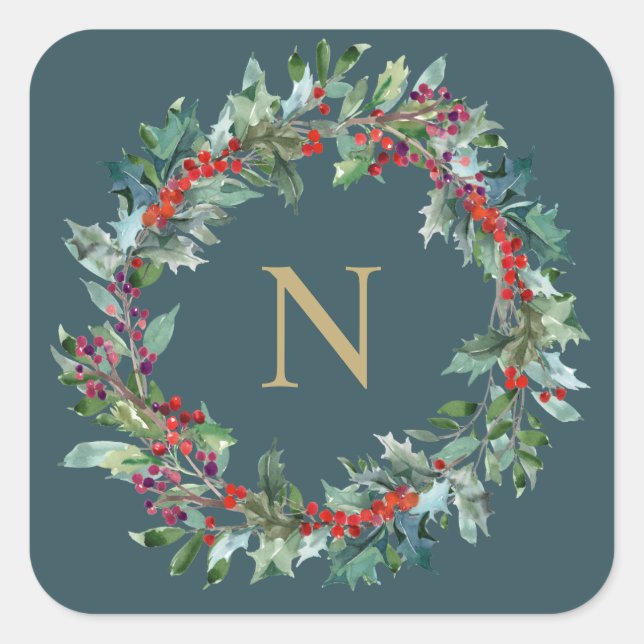 Classic Holiday Holly Monogram Initial Sticker (Front)