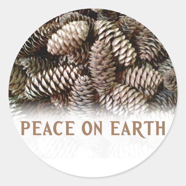 Classic Holiday Pine Cone Peace On Earth Classic Round Sticker (Front)