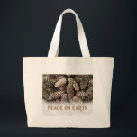 Classic Holiday Pine Cone Peace On Earth Large Tote Bag<br><div class="desc">Festive,  earthy pine cones set off this classic,  elegant design wishing Peace On Earth.</div>