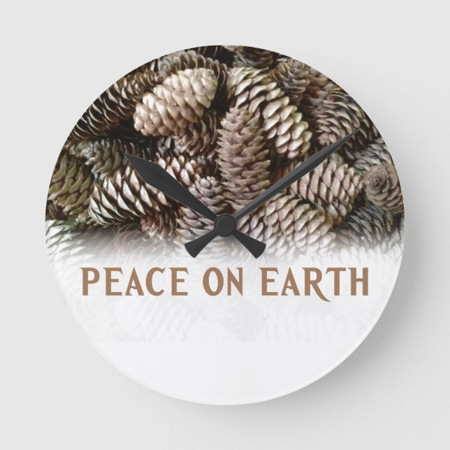 Classic Holiday Pine Cone Peace On Earth Round Clock (Front)