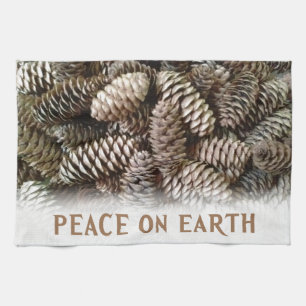 Classic Holiday Pine Cone Peace On Earth Tea Towel