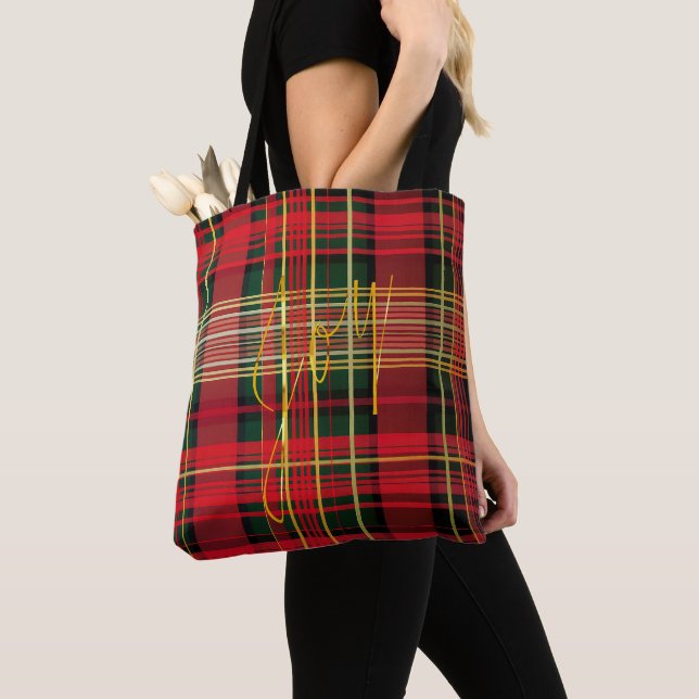 Classic Holiday Red and Green Plaid Tartan 'Joy'  Tote Bag (Close Up)