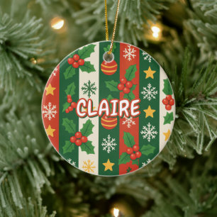 Classic Holiday Red Green Stripes Stars Snowflake Ceramic Tree Decoration