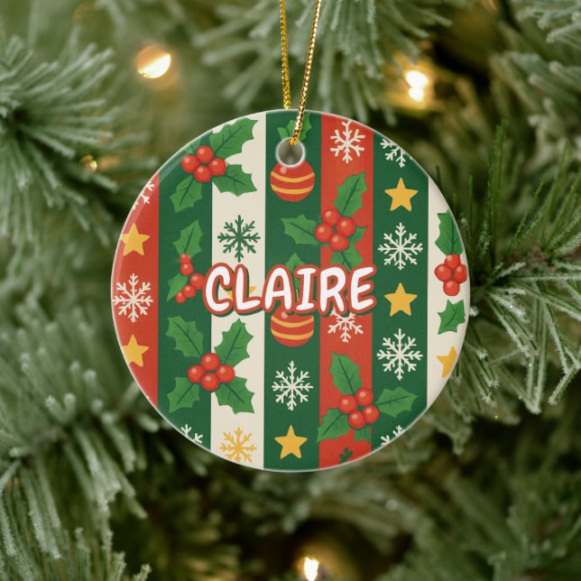 Classic Holiday Red Green Stripes Stars Snowflake  Ceramic Tree Decoration (Tree)