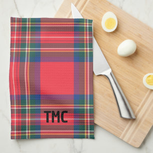 Classic Holiday Red Tartan Plaid INITIALS Festive Tea Towel
