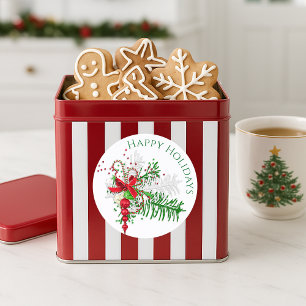 Classic Holiday Red White Candy Cane Green Foliage Classic Round Sticker