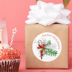 Classic Holiday Red White Candy Cane Green Foliage Classic Round Sticker