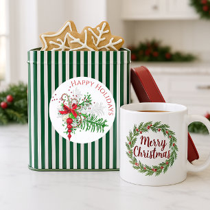 Classic Holiday Red White Candy Cane Green Foliage Round Sticker