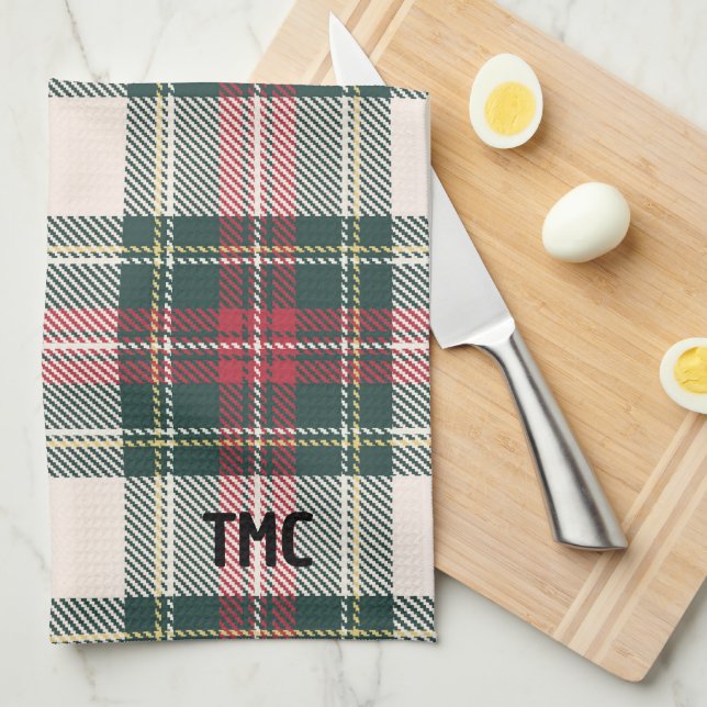 Classic Holiday Tartan Plaid Initials Festive Sock Tea Towel (Quarter Fold)