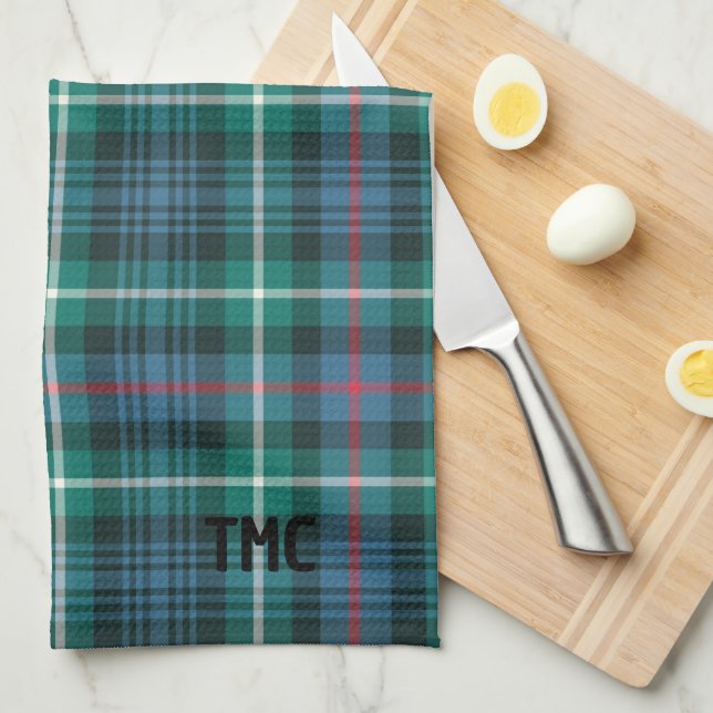 Classic Holiday Tartan Plaid Initials Festive Tea Towel (Quarter Fold)