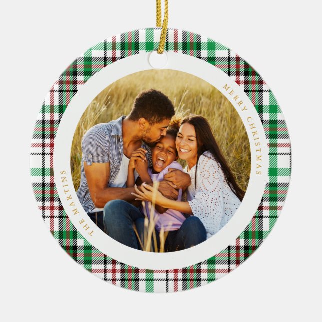 Classic Holiday White Plaid Photo Ceramic Tree Decoration (Front)