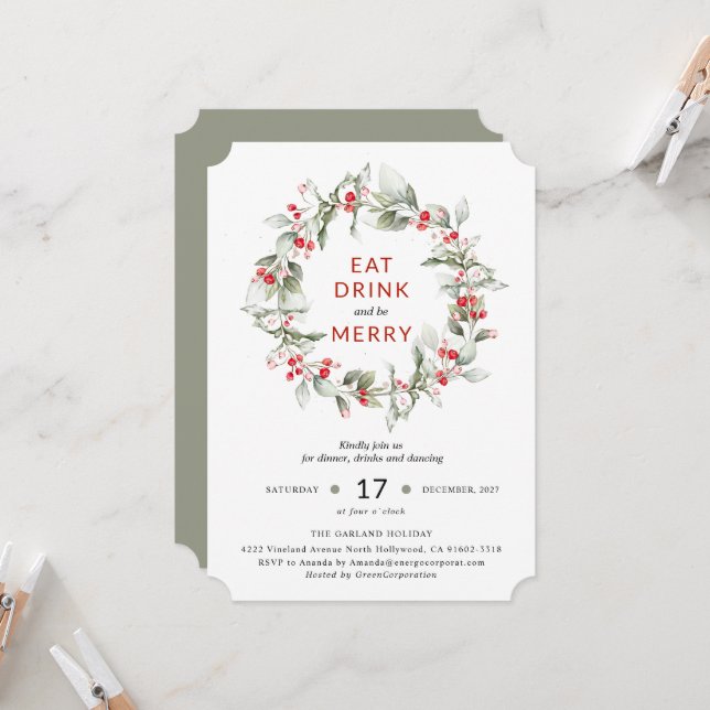 Classic Holiday Wreath Berry party invitation (Front/Back In Situ)