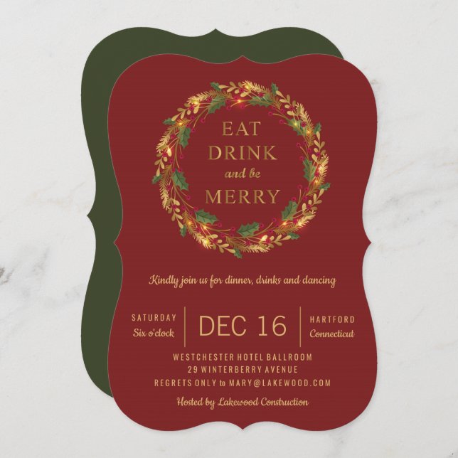Classic Holiday Wreath Party Christmas red Invitation (Front/Back)