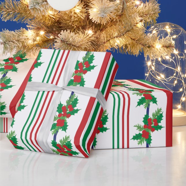 Classic Holly and Stripes Wrapping Paper (Holidays)