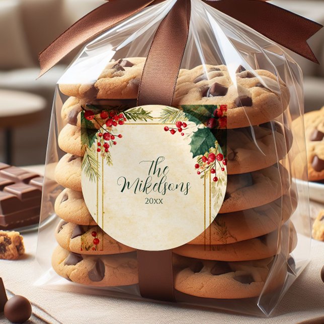 Classic Holly Berry Christmas Party Round Sticker (Creator Uploaded)