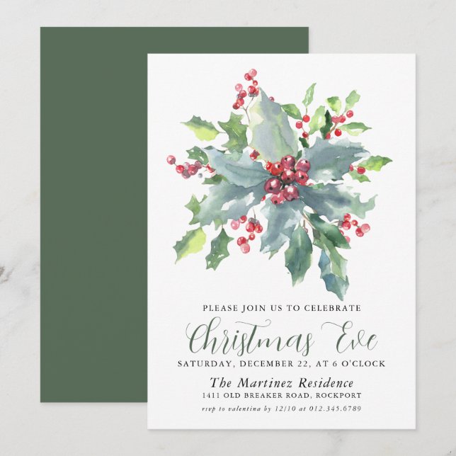 Classic Holly Berry Greenery Christmas Eve Party Invitation (Front/Back)