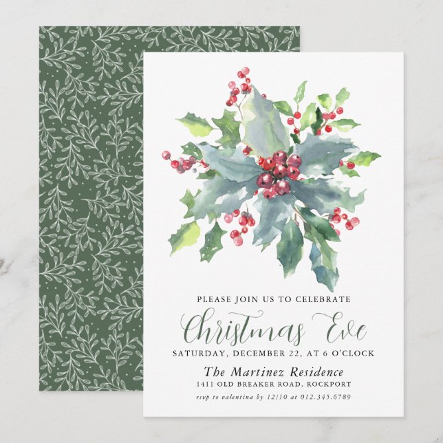 Classic Holly Berry Greenery Christmas Eve Party Invitation (Front/Back)