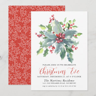 Classic Holly Berry Greenery Christmas Eve Party Invitation