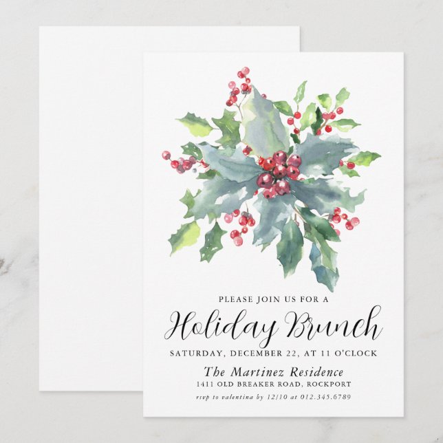 Classic Holly Berry Greenery Holiday Brunch Invitation (Front/Back)