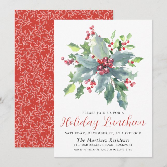 Classic Holly Berry Greenery Holiday Luncheon Invitation (Front/Back)