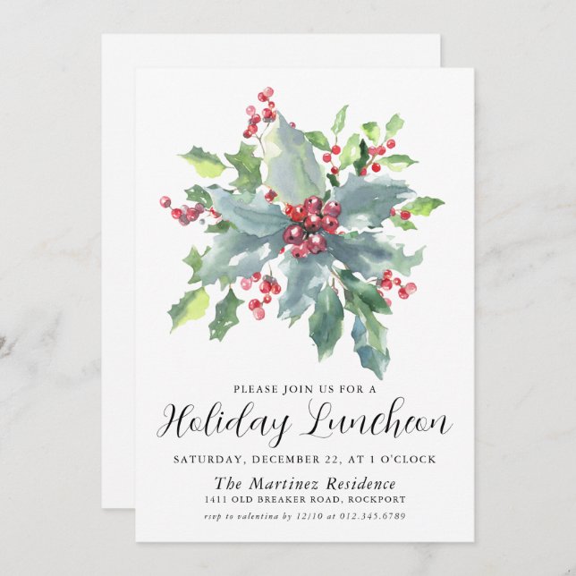 Classic Holly Berry Greenery Holiday Luncheon Invitation (Front/Back)
