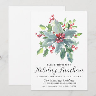 Classic Holly Berry Greenery Holiday Luncheon Invitation