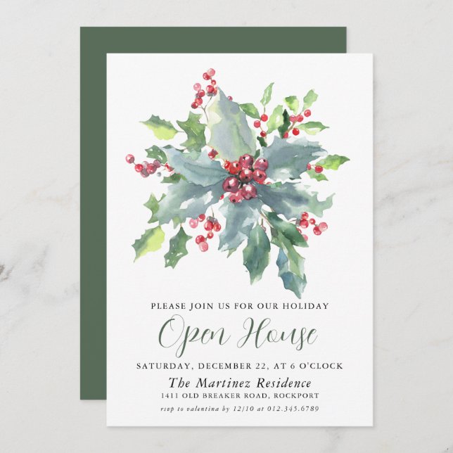 Classic Holly Berry Greenery Holiday Open House Invitation (Front/Back)
