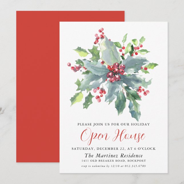 Classic Holly Berry Greenery Holiday Open House Invitation (Front/Back)